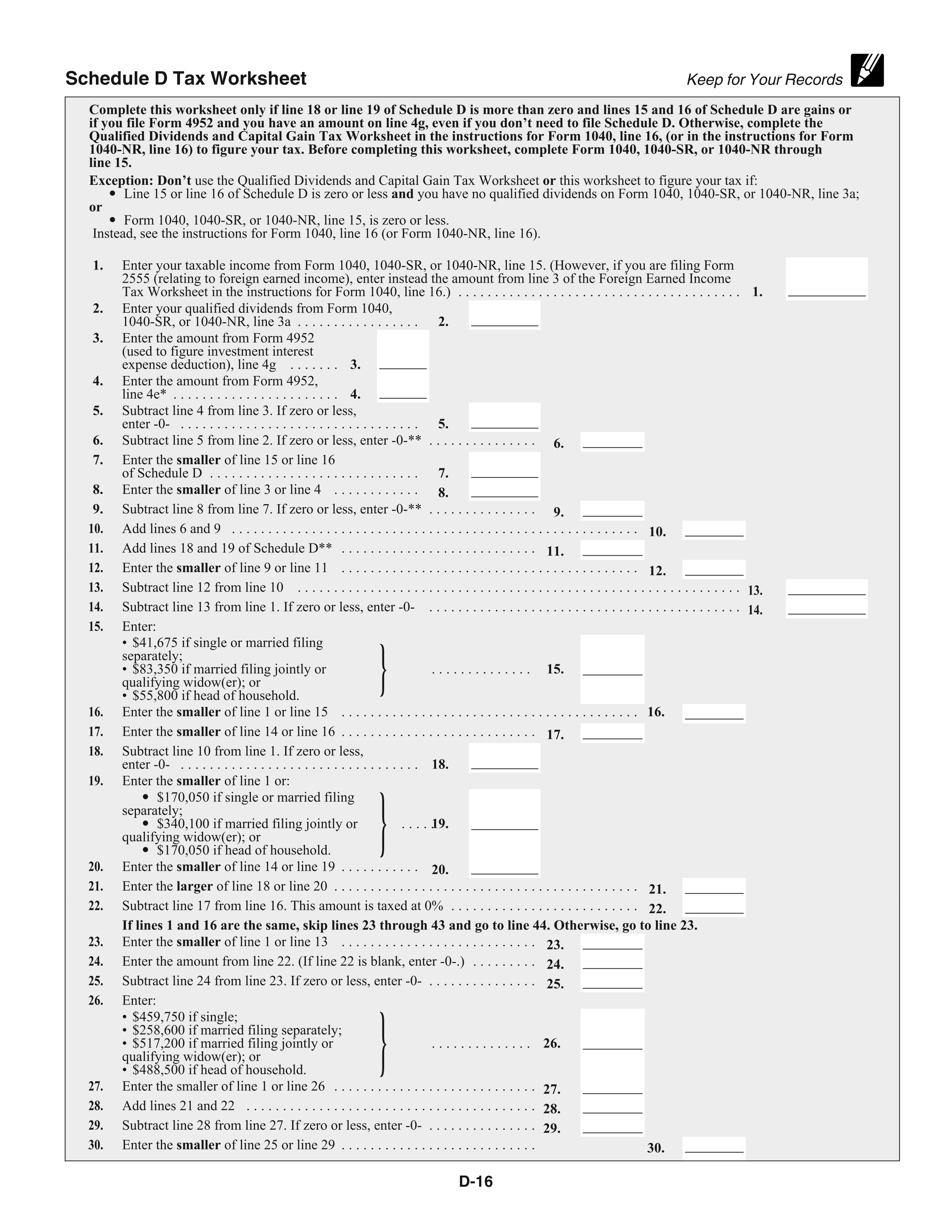 Schedule D Tax Worksheet page 16