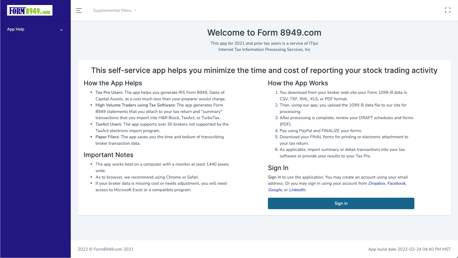 Welcome Page of Form 8949 App